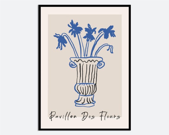 Blue Flowers In Vase Line Drawing Wall Art Print Hand Drawn Spring Summer Floral Illustration Contemporary Modern Poster Ma70