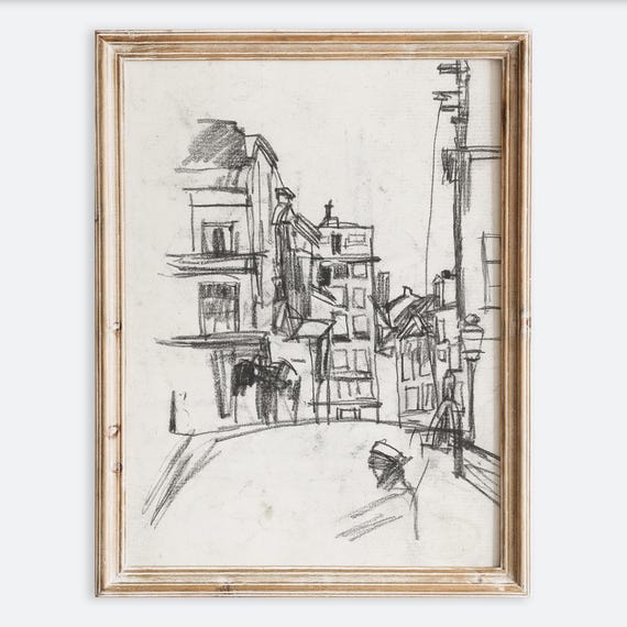European Vintage Amsterdam City Scene Line Drawing Wall Art Print Neutral Rustic Cityscape Poster Antique Moody Farmhouse Decor Vp180