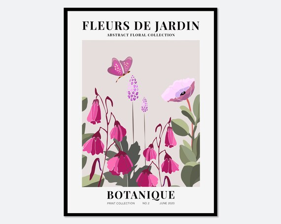Fleurs de Jardin Botanique No 2 Pink Bell Flowers Butterfly Poster