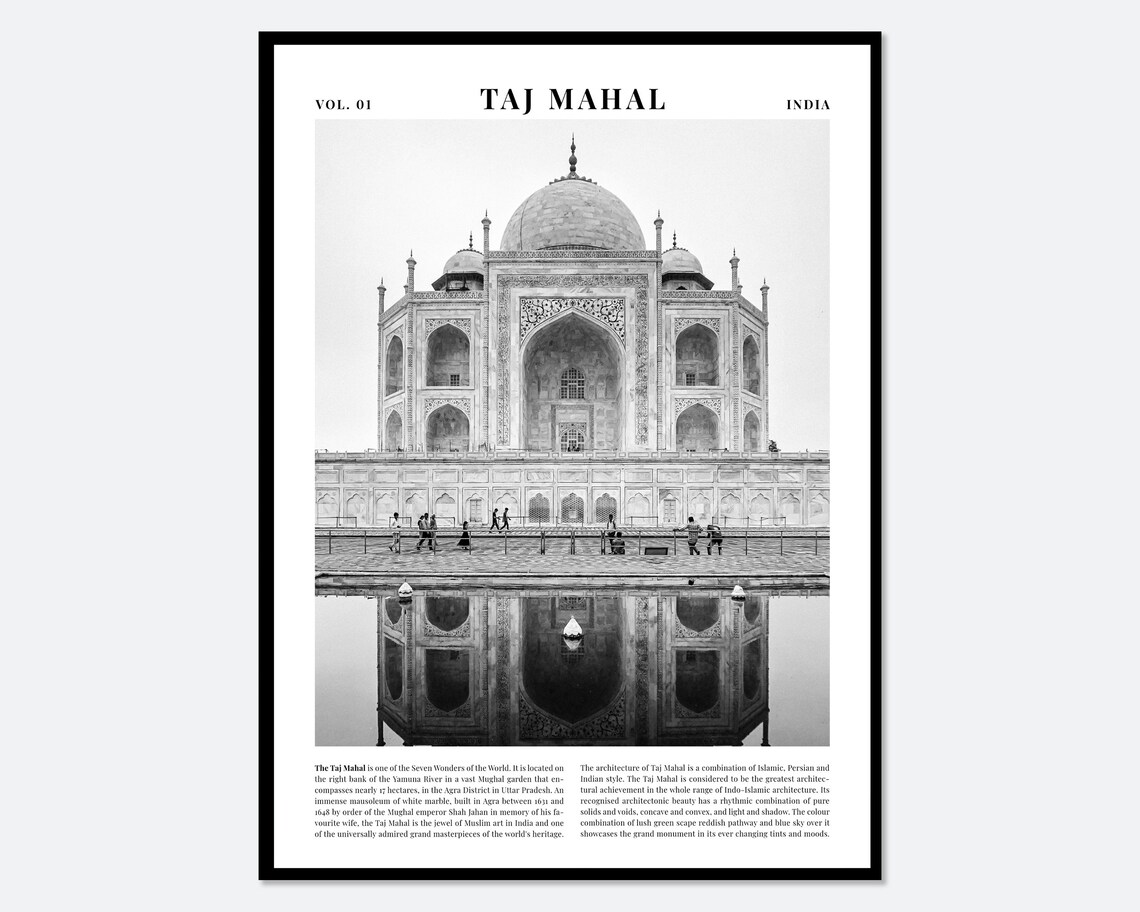Taj Mahal India Black and White Architectural Detail Travel Poster