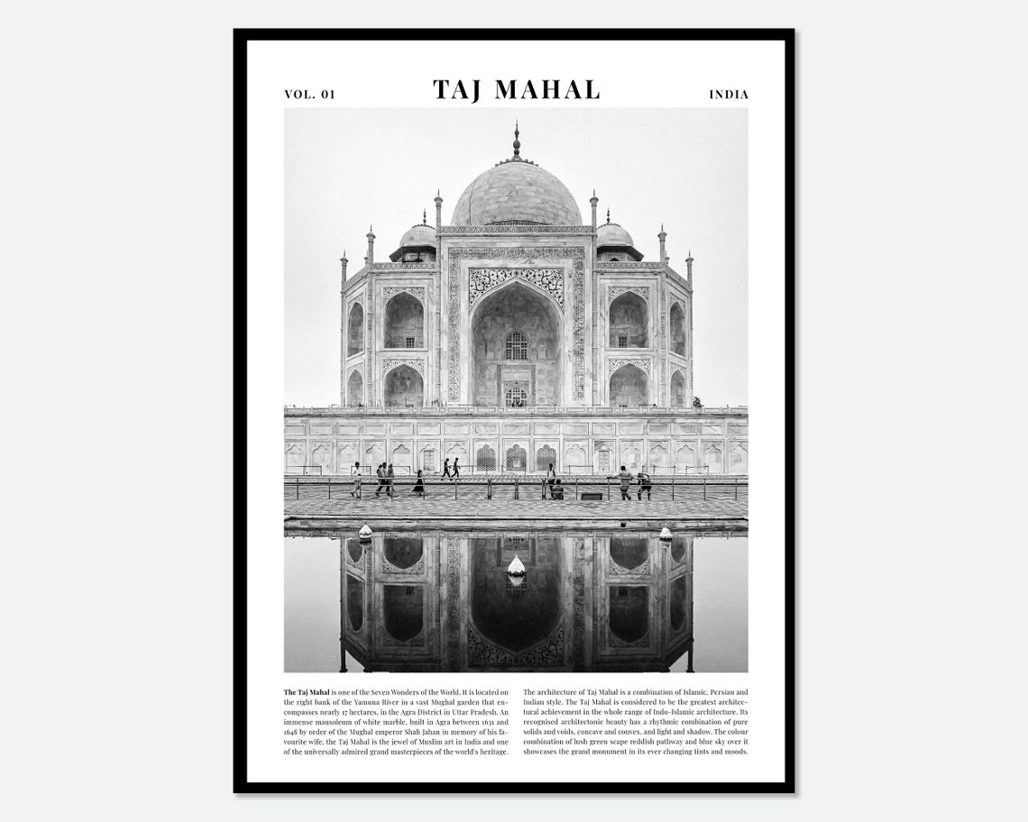 Taj Mahal India Black And White Photography Travel Art Print Landmark City Poster Travel Poster Taj Mahal Poster India Poster Tp01