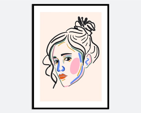 Colorful Woman Face Line Art Portrait Modern Multicolor Bun Poster