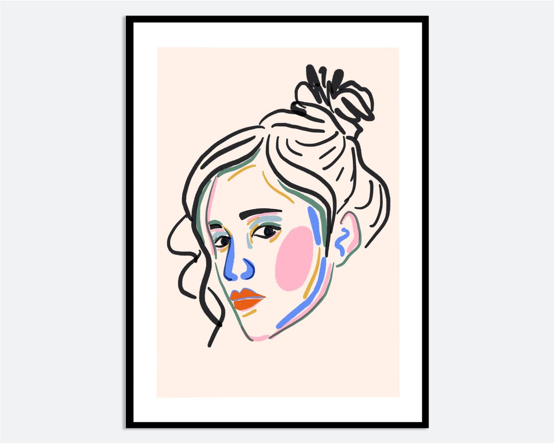 Colorful Woman Face Line Art Portrait Modern Multicolor Bun Poster