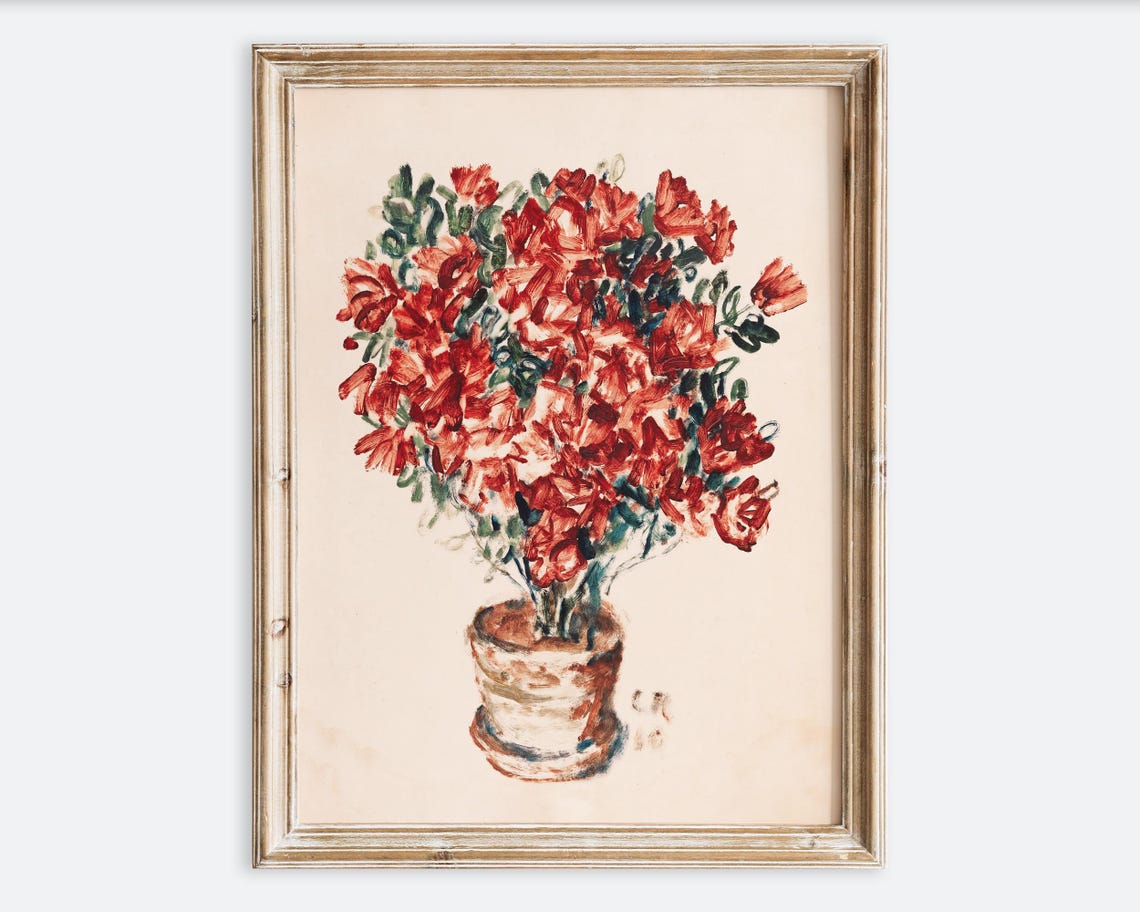 Vintage Red Azalea Flowers Potted Plant Still Life Painting Poster