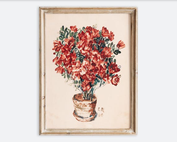 Vintage Red Azalee Flowers Shrub In Pot Still Life Wall Art Print Colorful Rustic Floral Painting Antique Moody Farmhouse Poster Vp395