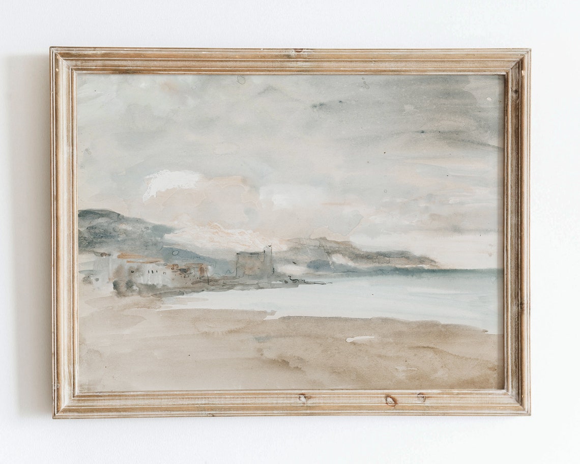 Rustic Vintage French Country Coastal Sea Art Print Vintage Ocean Beach Oil Painting Neutral Muted Antique Landscape Wall Art Decor Vp24