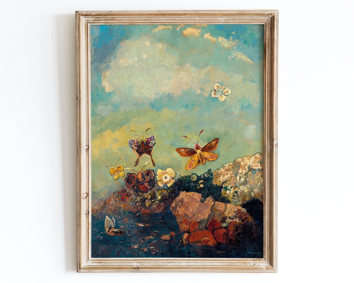 European Vintage Butterflies Landscape Art Print