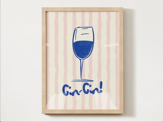 Gin Gin Cocktail Glass Blue Pink Striped Retro Kitchen Bar Wall Poster