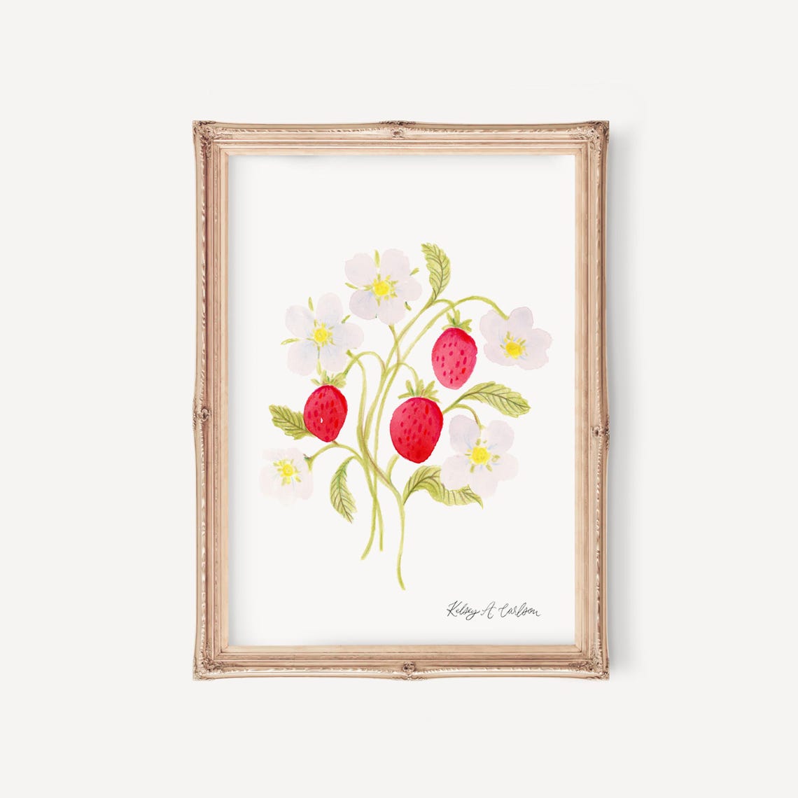 Strawberry Botanical Watercolor Red Berry Blossom Kitchen Wall Art