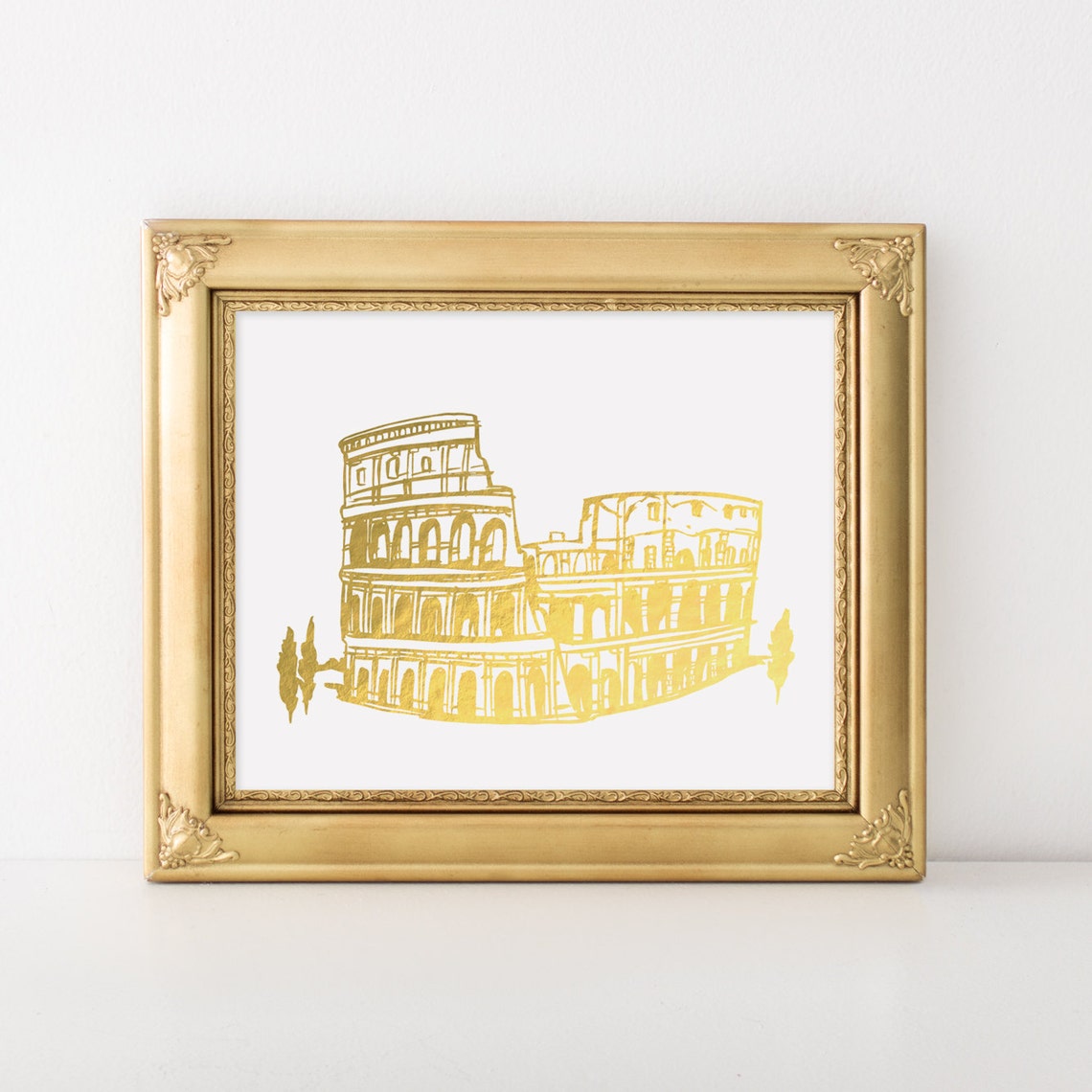 Colosseum Rome Gold Foil Line Art Minimalist Elegant White Poster