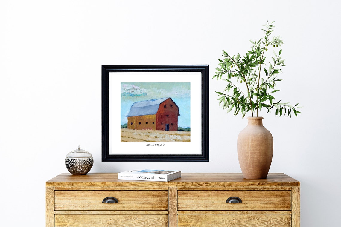 Red Barn With Gambrel Roof Standing Alone In A Wheat Field Poster