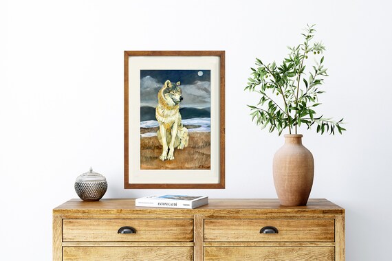 Gray Wolf Sitting Under The Moon In A Snowy Field At Night Poster