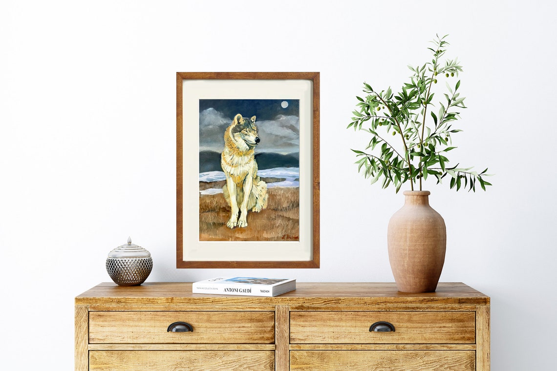 Gray Wolf Sitting Under The Moon In A Snowy Field At Night Poster