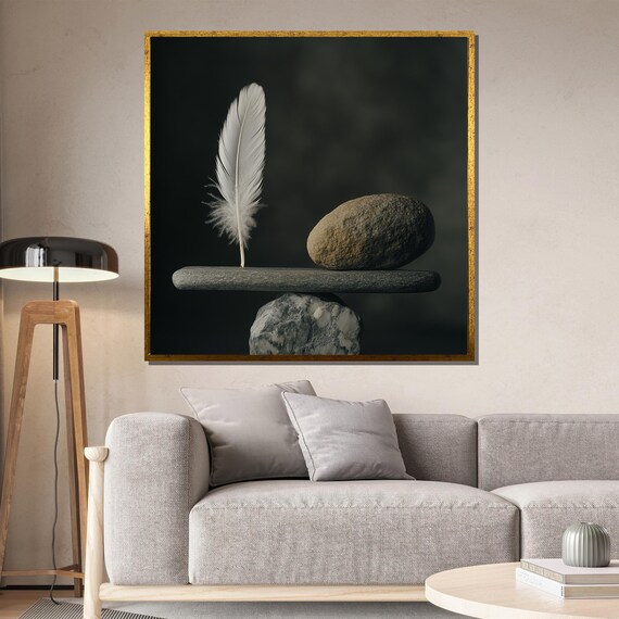 Balancing Stones with White Feather Zen Minimalist Art Poster