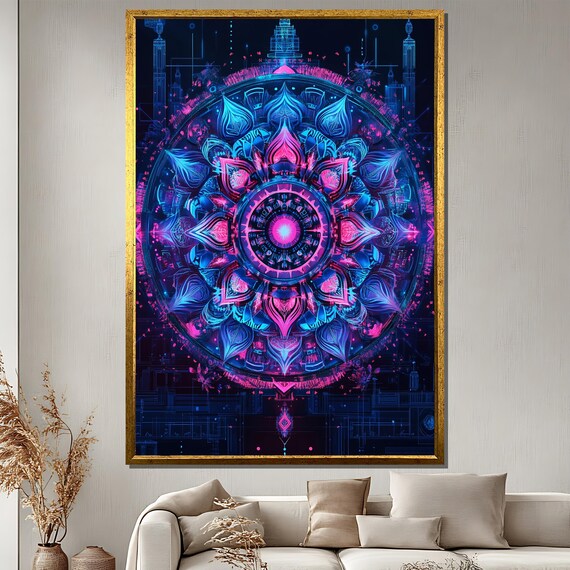 Neon Blue And Pink Mandala Sacred Geometry Spiritual Abstract Poster