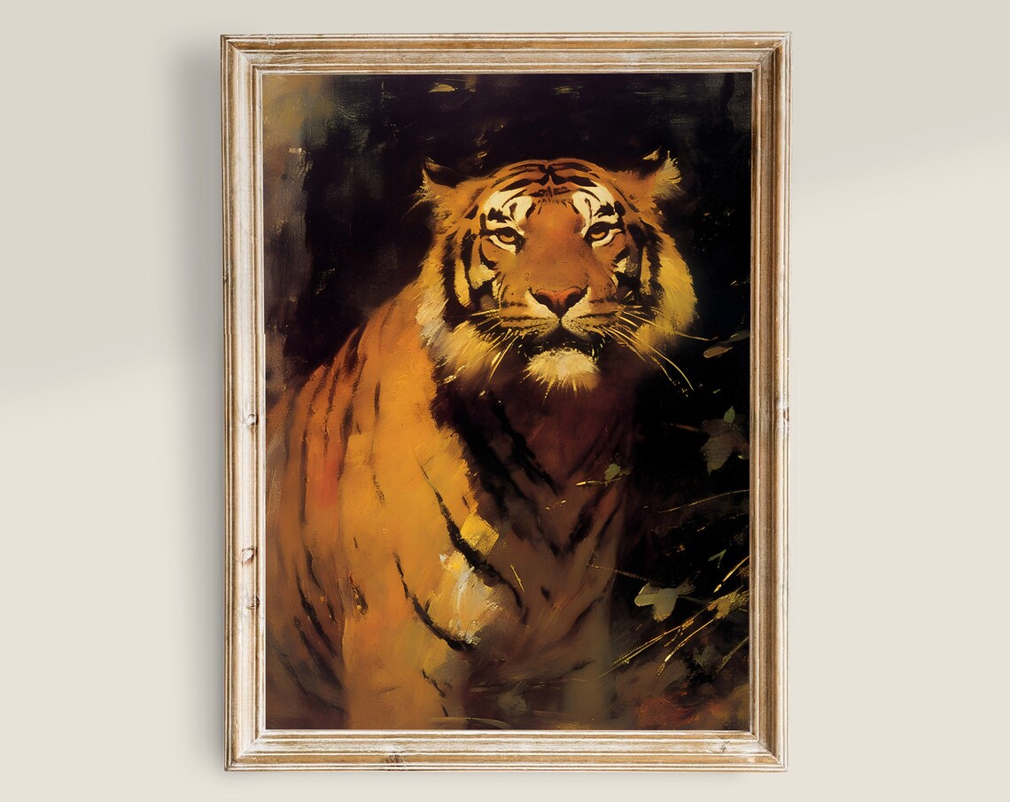 Tiger Painting Wild Jungle Art Print, Dark Academia
