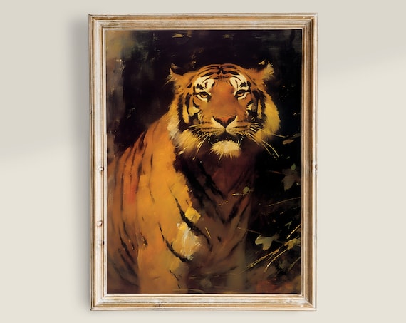 Tiger Painting Wild Jungle Art Print, Dark Academia