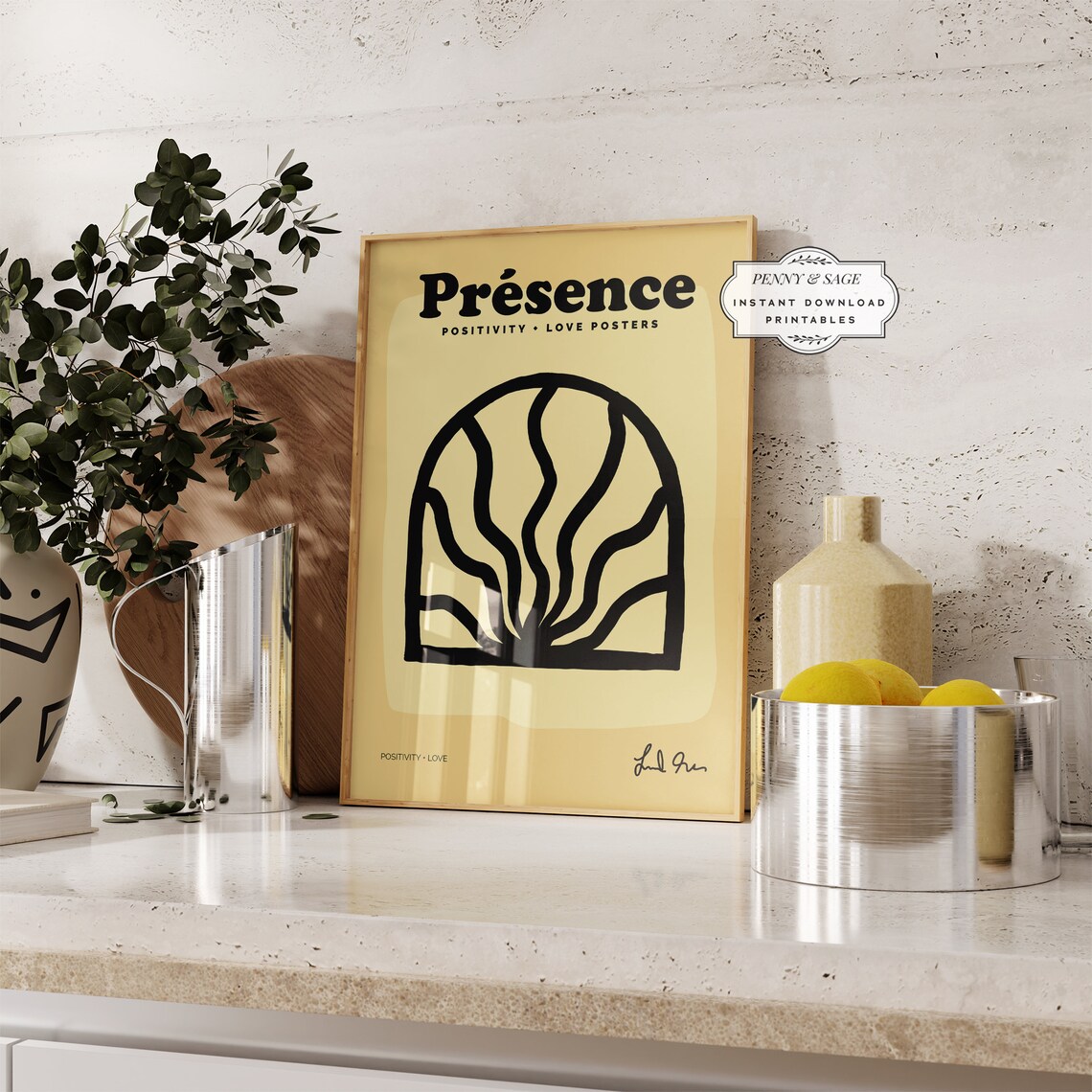 Presence Positivity Love Arch Line Art Minimalist Yellow Poster