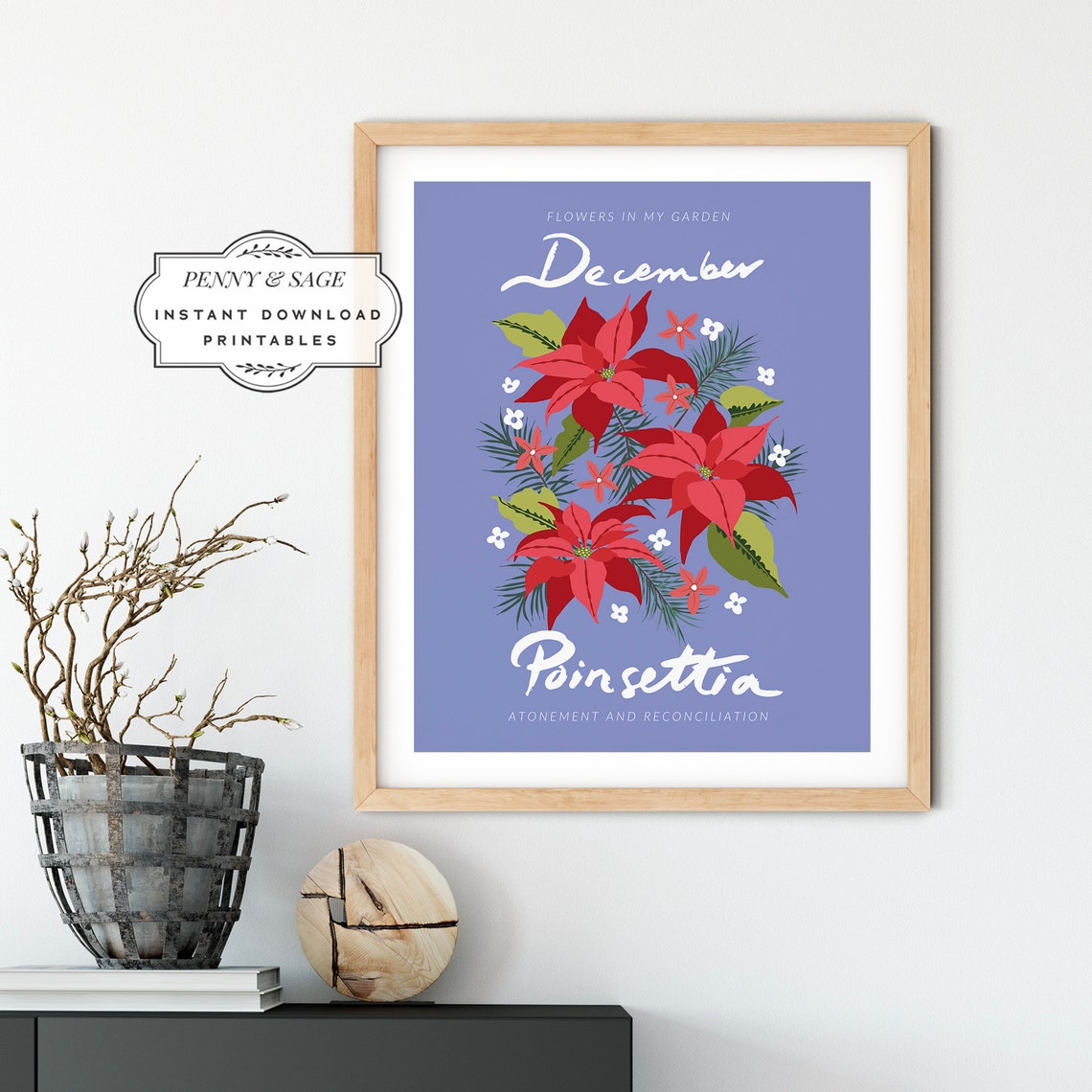 Flower Market December Month Print Botanical Wall Art Monthly Flower Wall Art Flower Market Poster Floral Art Poinsettia