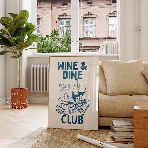 Wine and Dine Club Blue Bon Appetit Wine Cheese Bistro Kitchen Wall Art