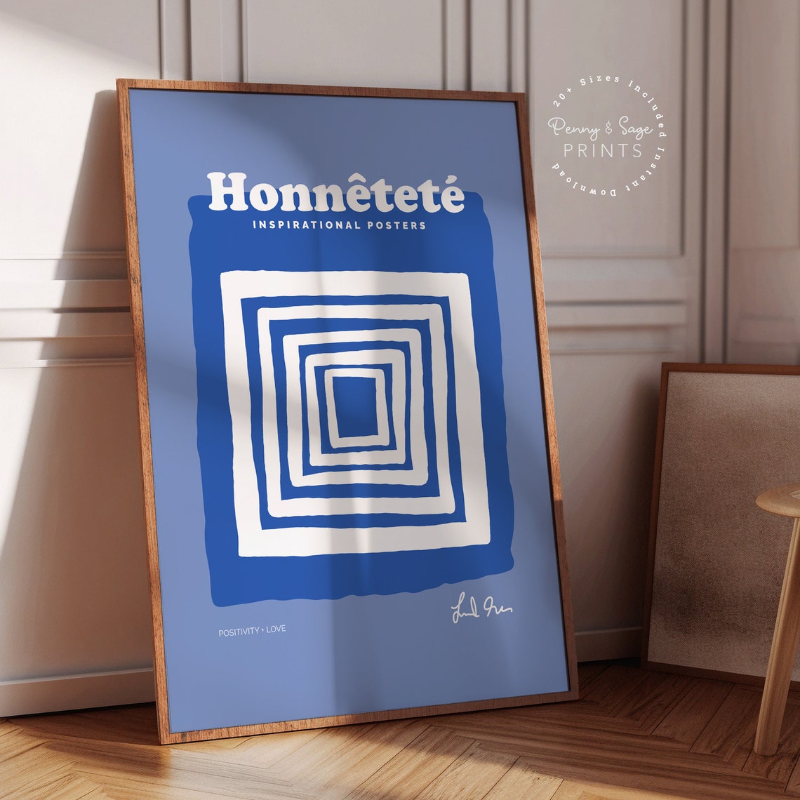 Honnetete Inspirational Blue Concentric Square Geometric Poster - Image 2