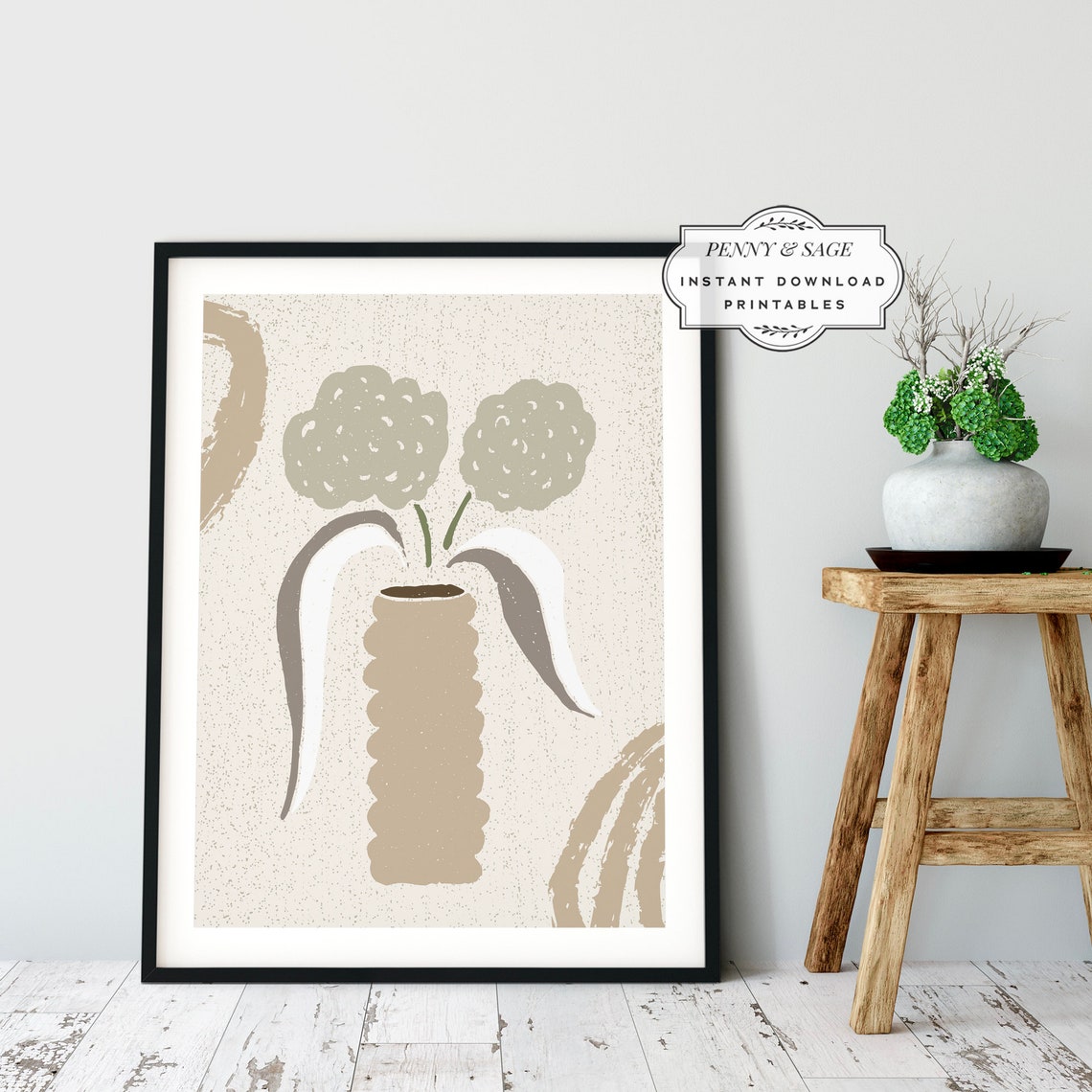 Beige Vase Abstract Blooms Neutral Modern Still Life Art Poster