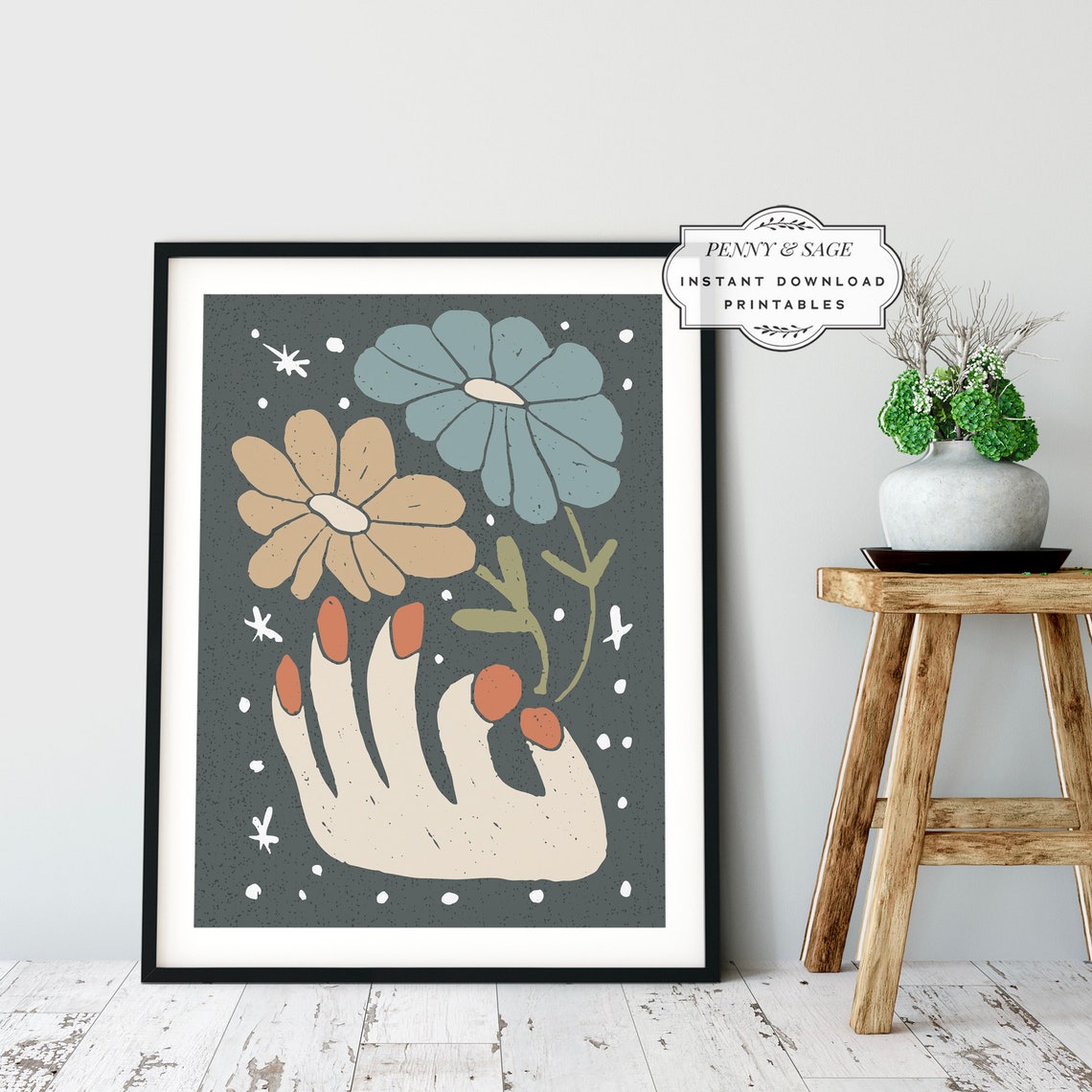 Abstract Hand Holding Flower Poster Boho Botanical Celestial Decor