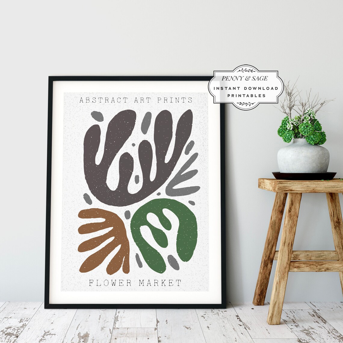 Flower Market Abstract Monstera Leaves Grey Green Brown Art Poster