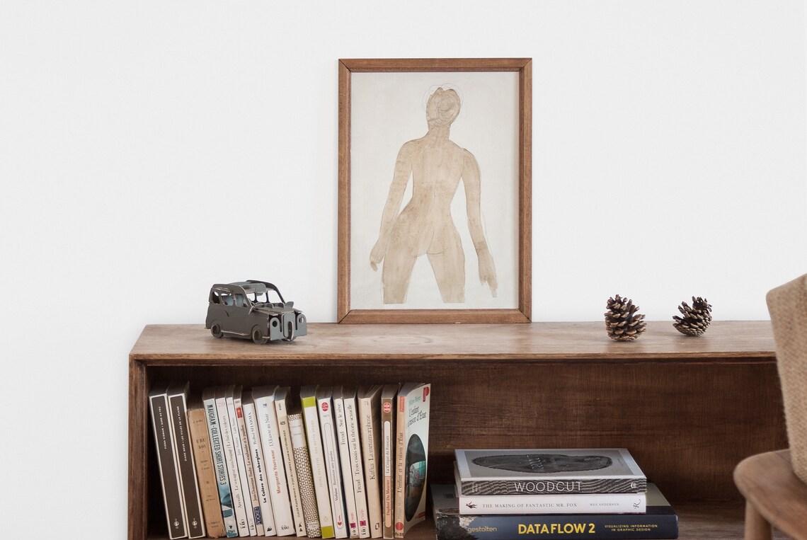 Minimalist Nude Figure Sketch Sepia Wash Tonal Line Art Poster - Image 2