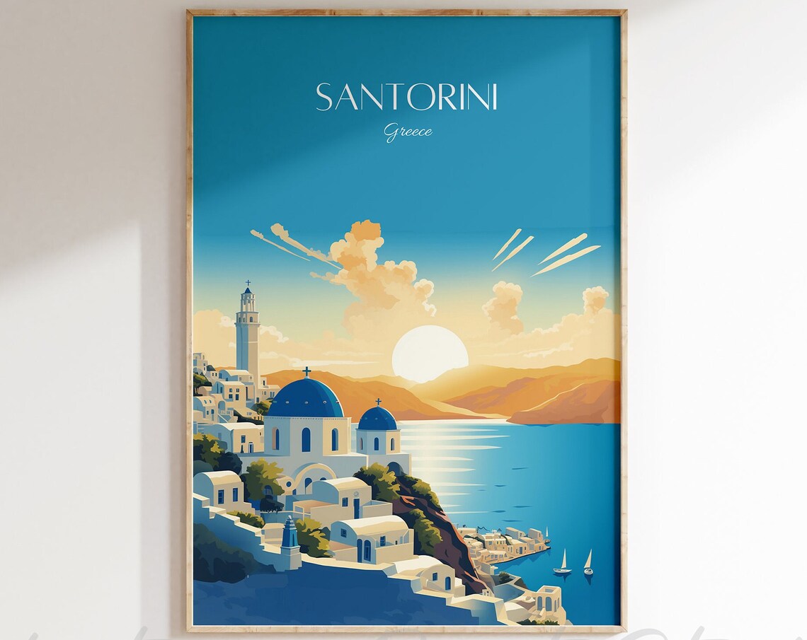 Santorini Greece Sunset Blue Domes Caldera Ocean View Travel Poster