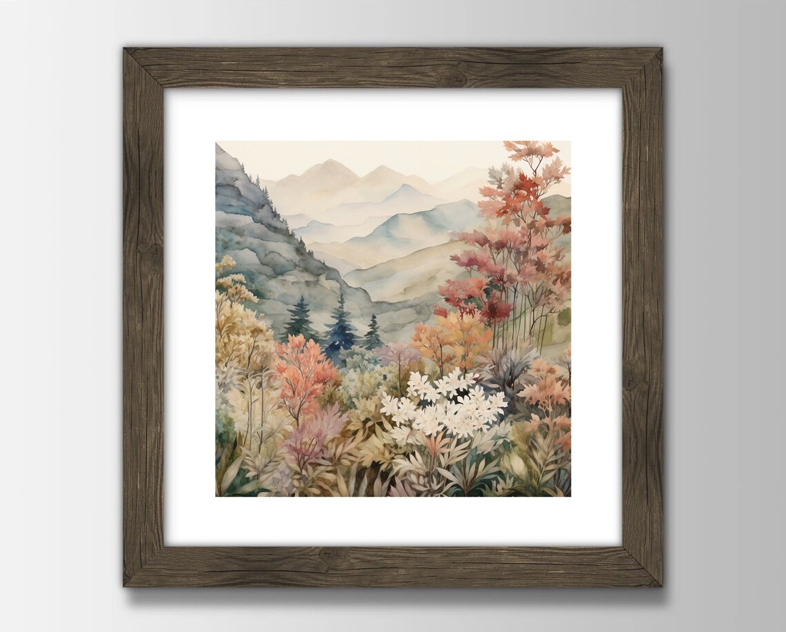 Autumn Mountain Valley Fall Foliage Wildflowers Watercolor Poster - Image 4