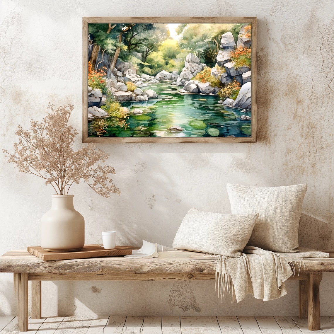Emerald Forest River White Boulders Orange Wildflowers Art Poster - Image 4