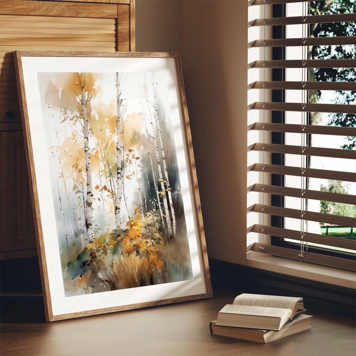 Golden Birch Trees Autumn Forest White Bark Watercolor Wall Art - Image 3