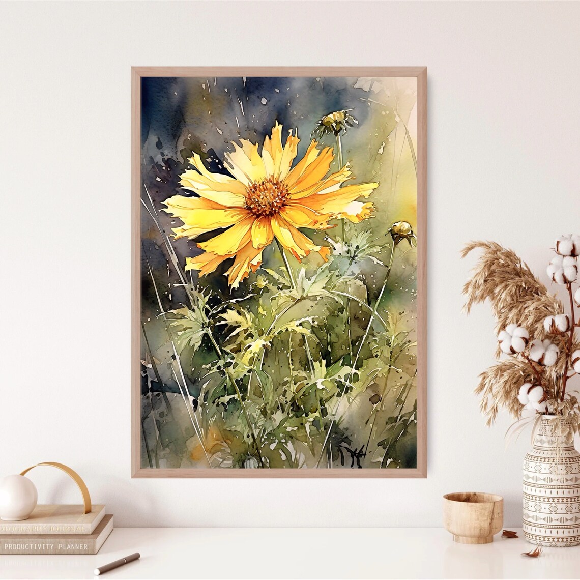 Golden Yellow Wildflower Bloom Dark Watercolor Floral Art Poster - Image 3