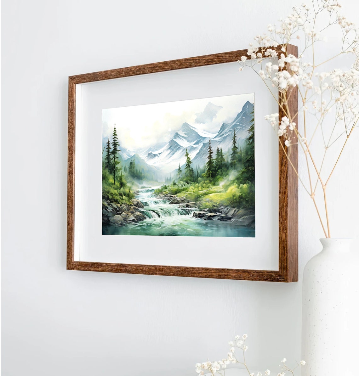 Rushing Mountain River with Rapids and Snowy Peaks Watercolor Poster - Image 2