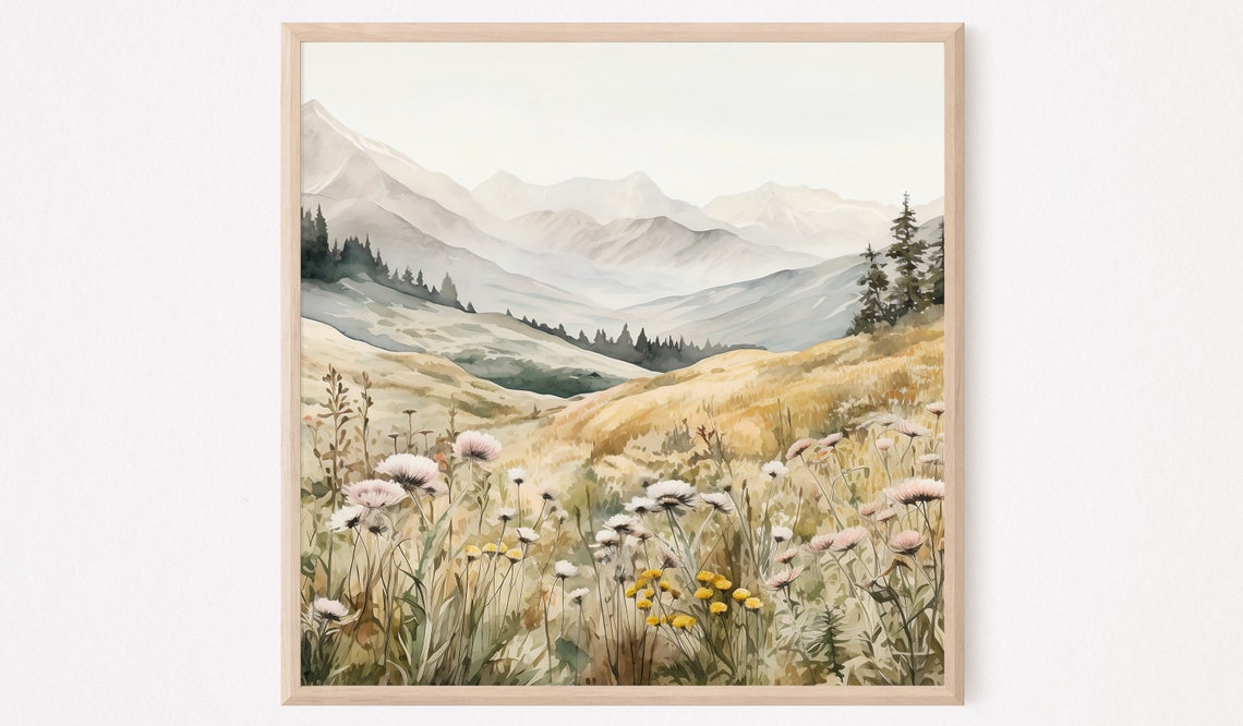 Golden Wildflower Meadow Distant Mountain Peaks Watercolor Poster