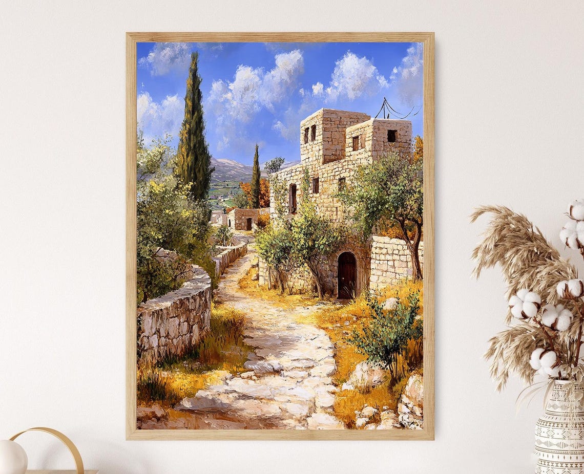 Palestinian Village Art Print Stone Houses And Olive Trees Rural Landscape