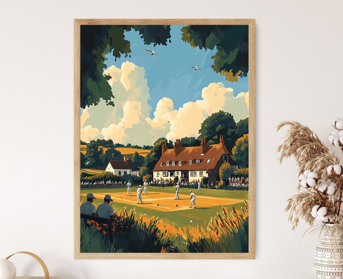 Cricket Match On Village Green With Thatched Pub English Countryside Art Print