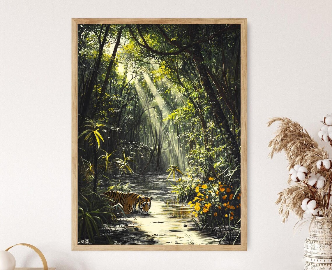 Bengal Tiger Drinking Sundarbans Mangrove Stream Painting Poster