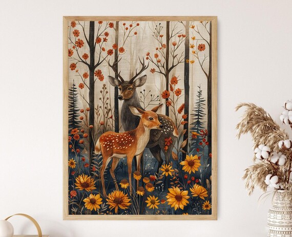 Stag And Fawn Autumn Flowers Scandinavian Folk Forest Poster