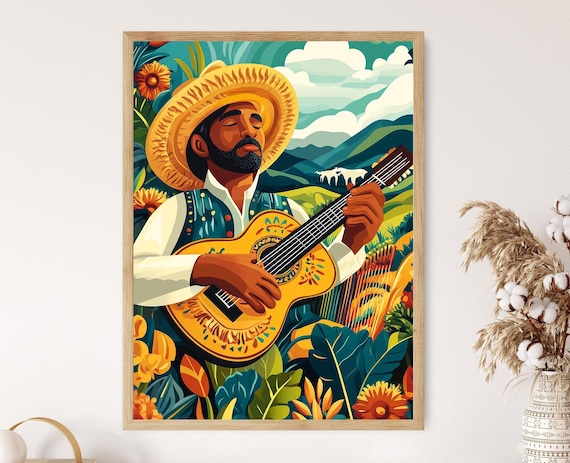 Colombian Joropo Musician With Cuatro Guitar Tropical Mountains Poster