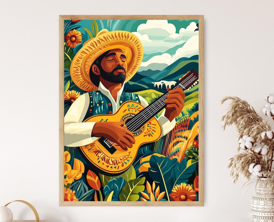 Colombian Joropo Musician With Cuatro Guitar Tropical Mountains Poster