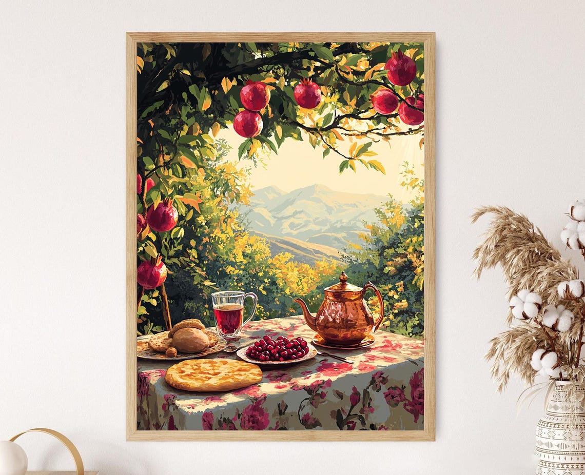 Halabja Breakfast With Pomegranates Mountain Scene Kurdish Cultural Print Newroz Celebration