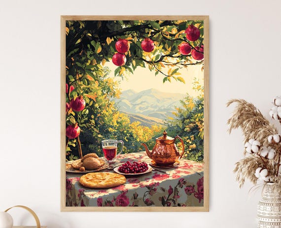 Halabja Breakfast With Pomegranates Mountain Scene Kurdish Cultural Print Newroz Celebration