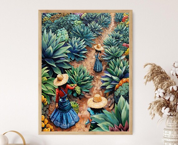 Blue Agave Field Harvest Women Mexico Farming Landscape Poster