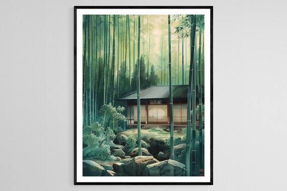 Bamboo Grove Surrounding A Traditional Tea House Toshi Yoshida Style Serene Nature Art