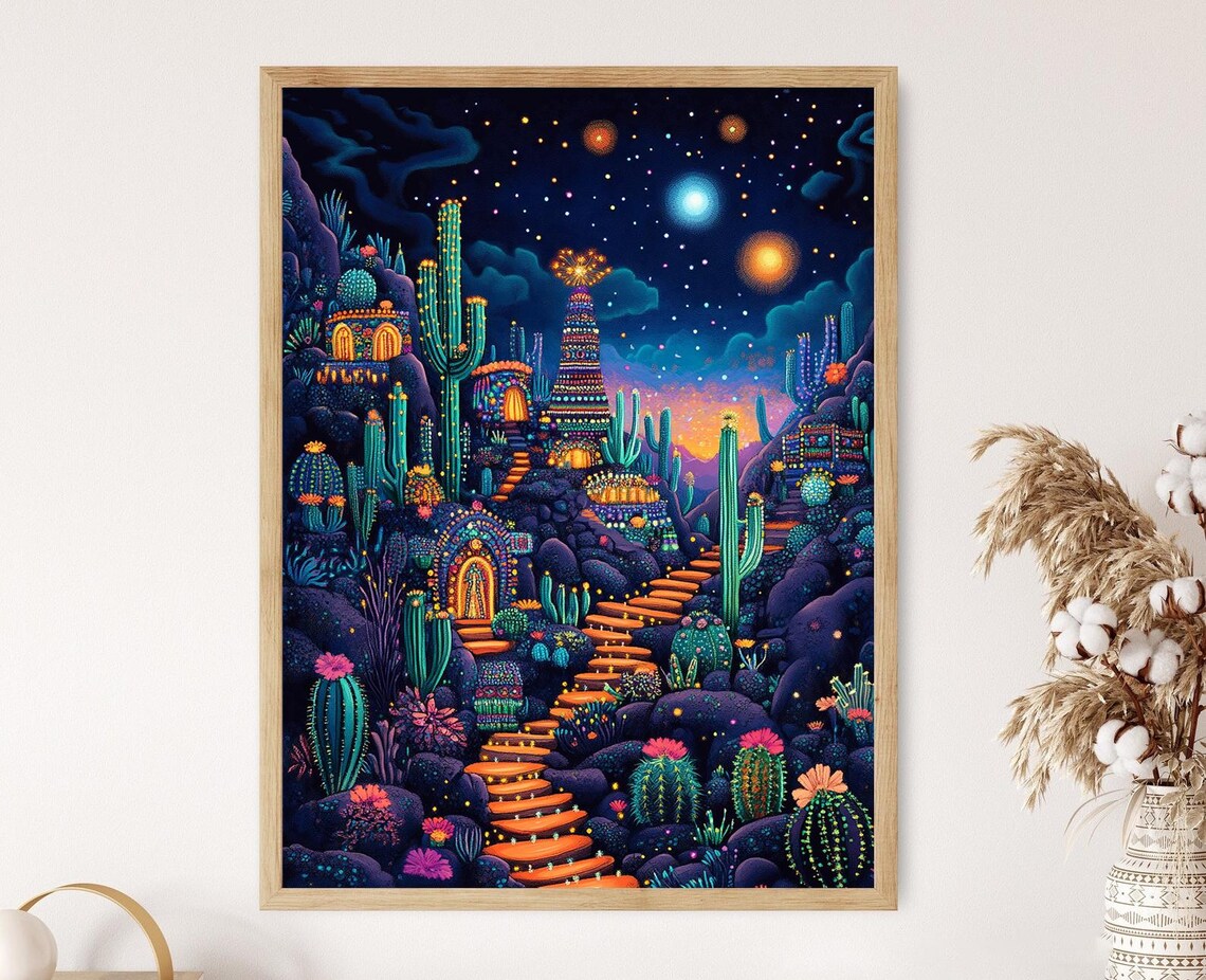 Huichol Peyote Ritual Art Print, Mystical Ofrendas
