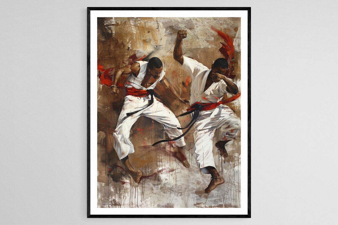 Capoeira Martial Artists In White Abadas Dynamic Mid-Kick Art Poster