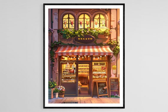 Picturesque Gelato Storefront Painting Colorful Ice Cream Parlor Decor