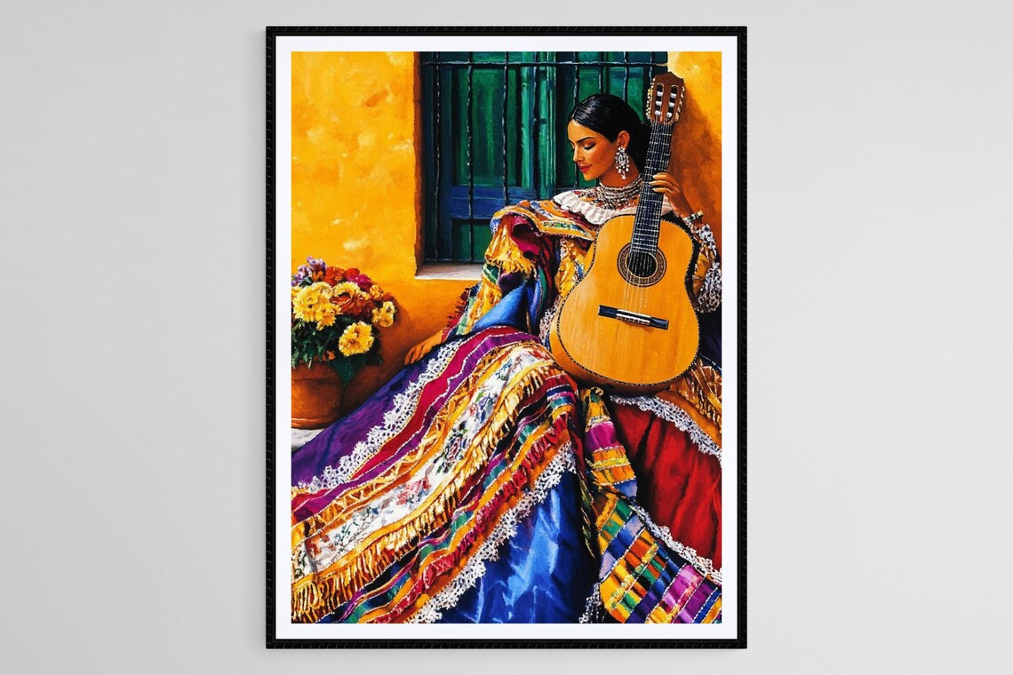 Mexican Woman With Guitar Art Print, Folk Music